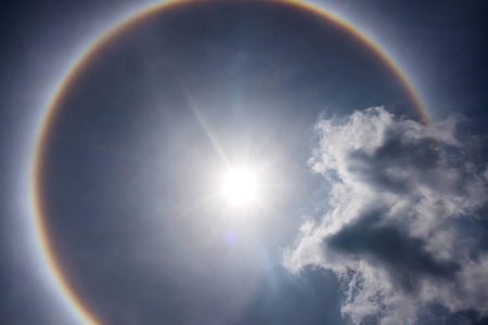 梦幻般美丽的太阳晕现象。天空的景观和围绕太阳的圆形彩虹。宁静自然的背景。夏日白天阳光明媚的户外