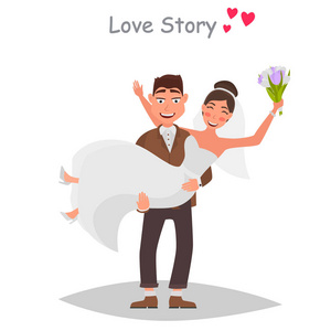 爱夫妇庆祝婚礼颜色平面插图