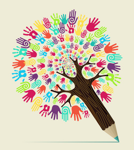 多样性的手概念铅笔树