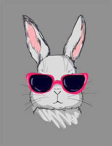 灰色背景下太阳镜中可爱兔子的手绘插图照片