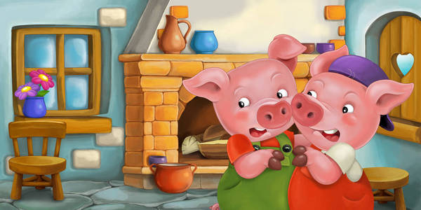 卡通场景与两个可爱的猪在厨房, 彩色插画儿童