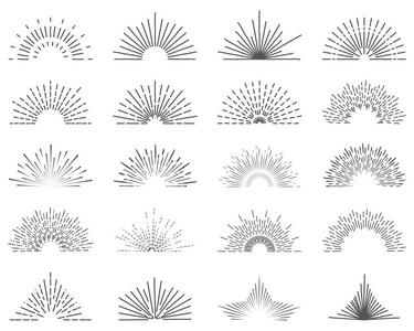 一套二十线的光线。太阳爆发的复古风格的标志。20完全地独特的被说明的太阳射线元素例证