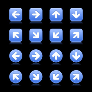 下边蓝色 web 2.0 箭头符号按钮。用反射在黑色背景上的圆和正方形形状