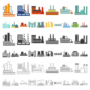 工厂和设施卡通图标集的设计。工厂和设备矢量符号库存 web 插图