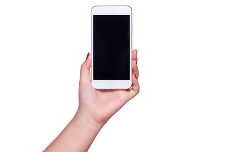 女性手拿着现代智能手机孤立在白色背景, 特写
