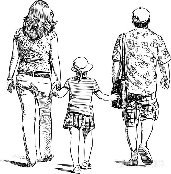 父母带着孩子去散步插画-正版商用图片0669pk-摄图新视界