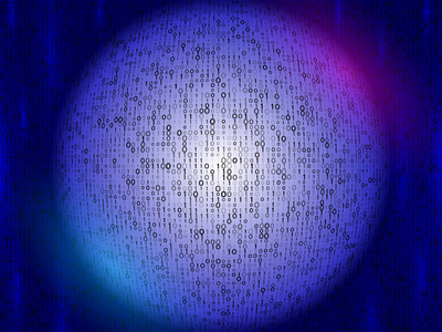 十六进制编码数字概念。蓝色背景下的二进制代码的抽象数字球面