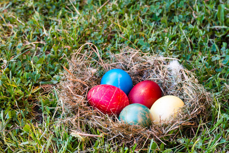 在草地上的巢的七彩复活节彩蛋。