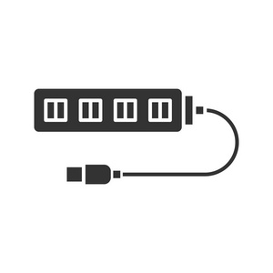 Usb 集线器标志符号图标。剪影符号。多插头。负空间。矢量隔离插图