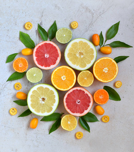 背景 橙色普通话柠檬葡萄柚石灰金柑桔。新鲜的有机多汁水果。维生素 c 的来源健康食品概念。复制空间