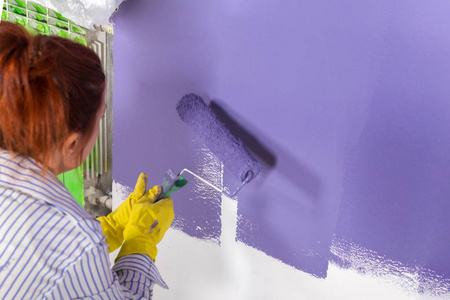 妇女油漆白色墙壁和紫色油漆与滚筒