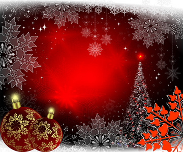 圣诞节红色背景与圣诞树和球与金黄雪花