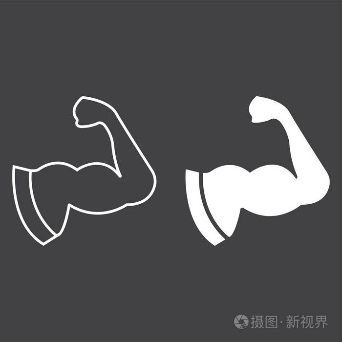 手臂肌肉线和字形图标健身和运动二头肌标志矢量图形在黑色背景的线性