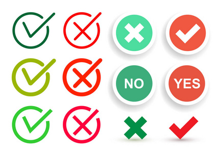 一套扁平的检查标记图标与长阴影的网页和移动应用.红色和绿色的颜色.