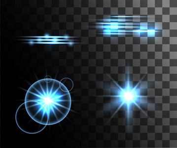 一套蓝色矢量光效果发光的光环与粒子装饰隔离在透明的背景网站页面和移动应用程序设计