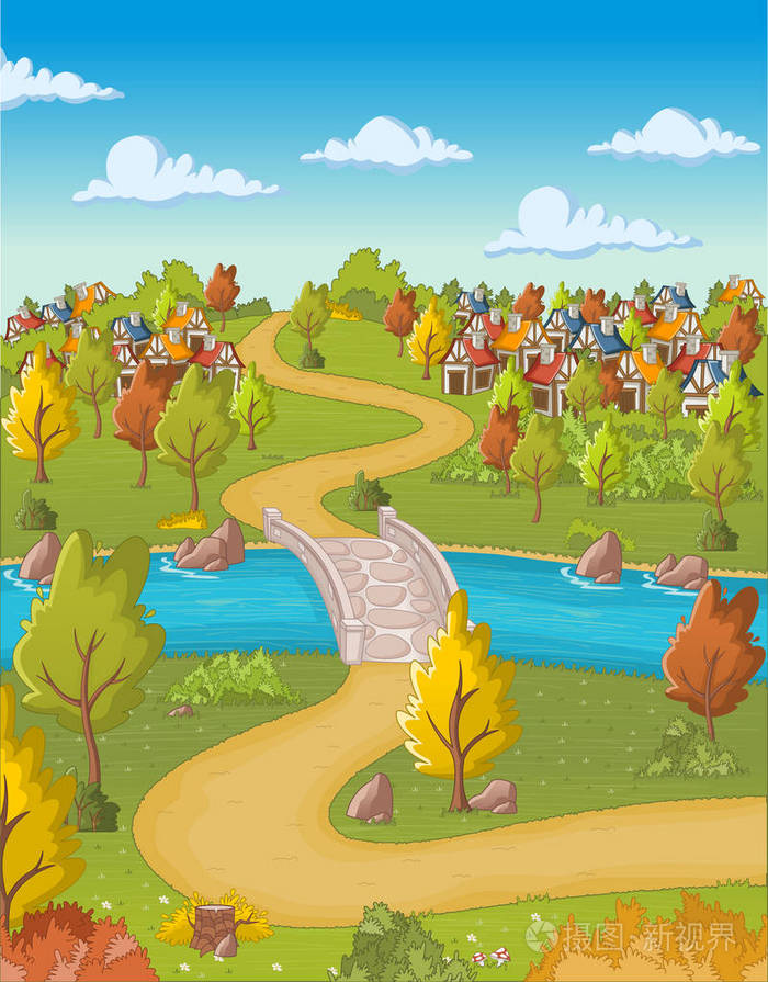 动画片城市与房子和路在绿色森林插画-正版商用图片06778z-摄图新视界