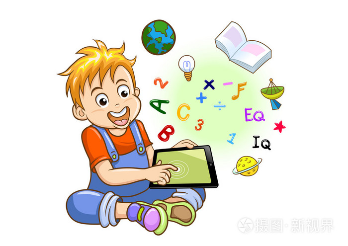 男孩玩平板电脑