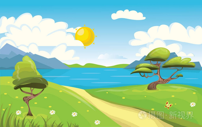 卡通风景山海或湖树木泥土路云与太阳的蓝天矢量图