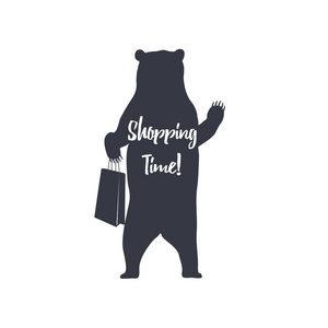 手绘标签灰熊矢量插图和购物时间励志刻字