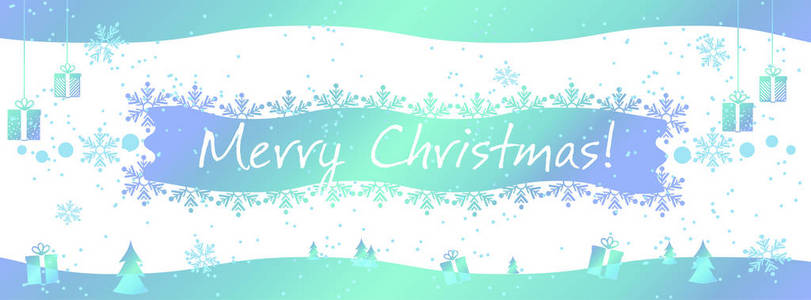 一个带有抽象发光背景的圣诞横幅模板, 有礼物雪花和冬日风景。矢量插图