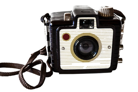 二十世纪五十年代老式照相机塑料身体与织品肩带.