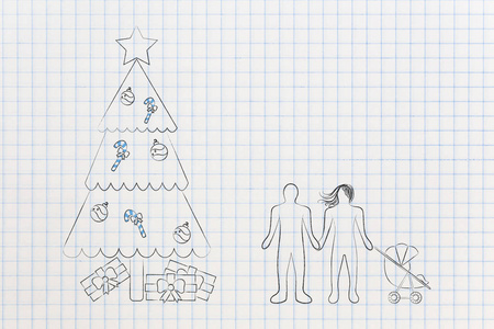 家人站在装饰圣诞树旁边
