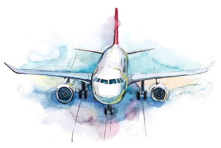 水机场飞机在机场的起飞现场水彩照片