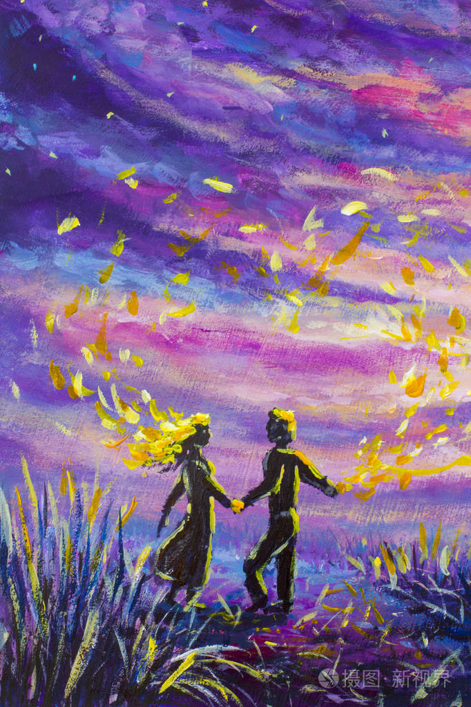 原始绘画抽象男女在日落时跳舞夜自然紫色星空浪漫爱情感情宇宙空间
