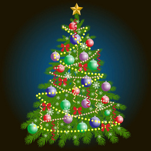一个美丽的圣诞银色的树的插图在深蓝色的背景玩具