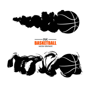 矢量篮球球的白色背景, 墨水纹理, 抽象的飞行球, 垃圾风格