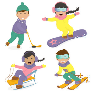 有趣的孩子们和冬季运动照片