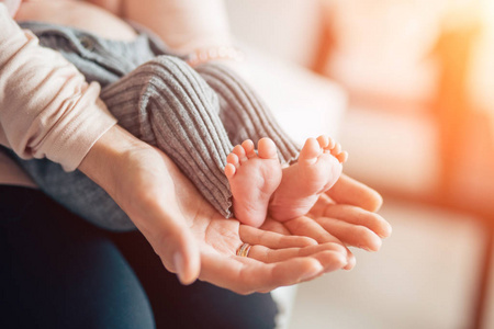 莫氏新生儿足白鹳把一个新生儿交给他的父母刚出生的婴儿手在家庭手中