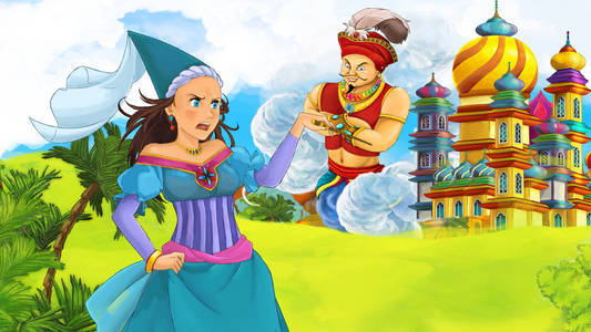 卡通场面与年轻公主巨型巫师飞行在美丽的城堡例证为孩子