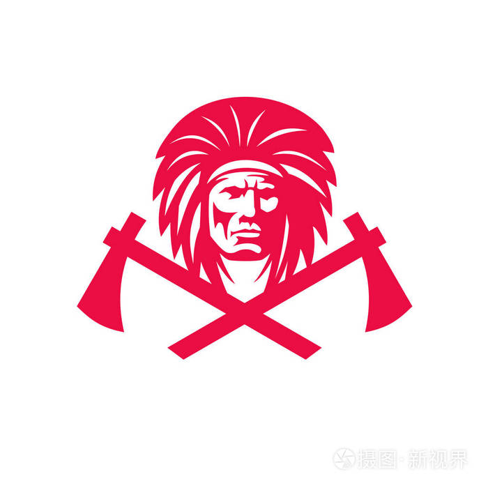 吉祥物图标说明一个印第安人的头戴着十字战斧在复古风格的背景下从