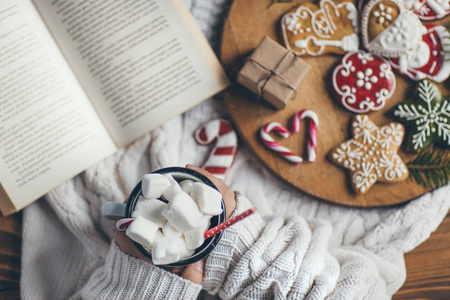 女人用一杯热巧克力和饼干看书。顶部视图