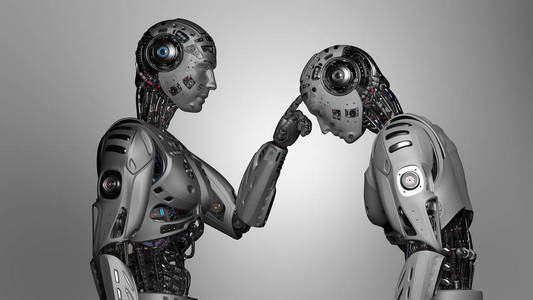3d 渲染未来机器人人触摸在灰色背景另一个相同的机器人的额头