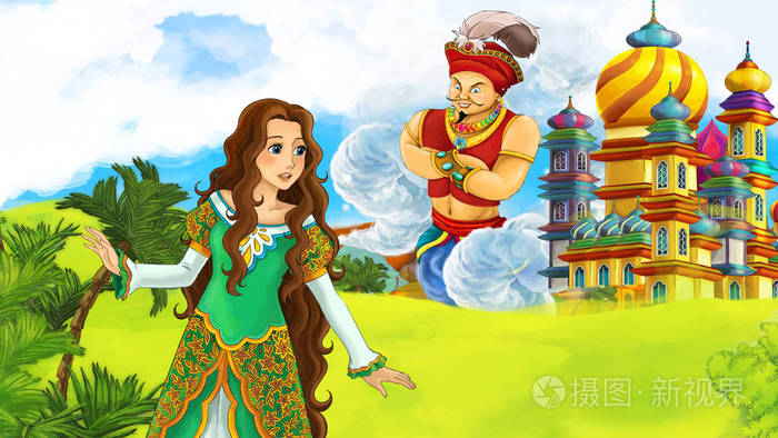 卡通场面与年轻公主巨型巫师飞行在美丽的城堡例证为孩子