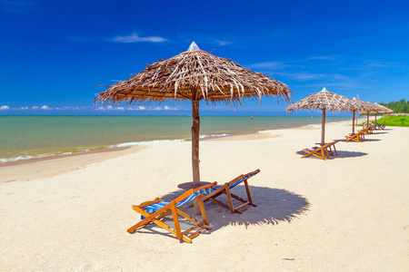 与太阳伞和躺椅的热带海滨风光