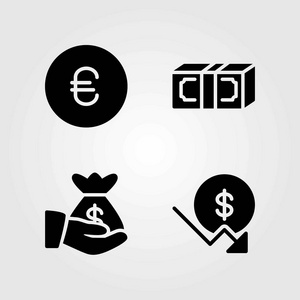 银行矢量图标设置。货币袋, 货币和欧元