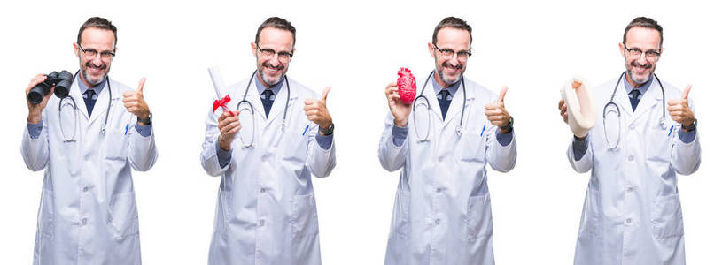 拼贴画英俊的年长的医生人在孤立的背景快乐与大微笑做 ok 标志, 拇指与手指, 优秀的标志