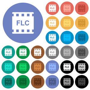 Flc 电影格式多彩色平面图标在圆形的背景。包括白色浅色和深色图标变体, 用于悬停和活动状态效果, 以及黑色 backgoun