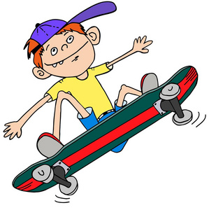 在滑板上的青少年男孩滑板素描, 红色的头发, 棒球帽。手绘彩色矢量插图在白色背景下隔离