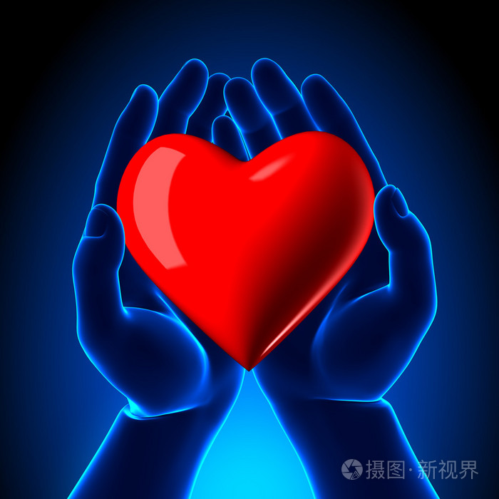 发光的手蓝色背景中的心