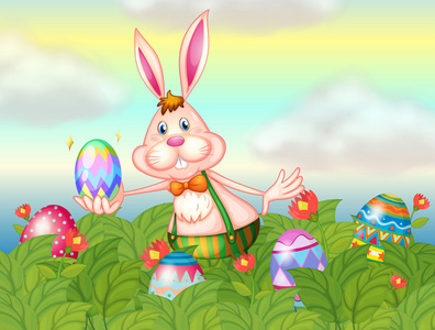 一只兔子在花园里的复活节彩蛋