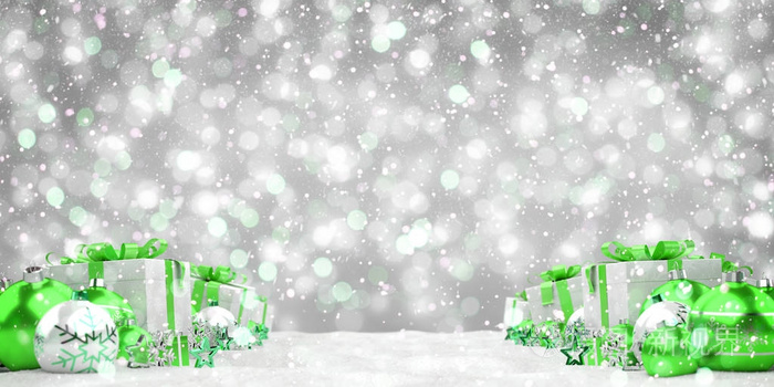 绿色和白色圣诞礼物和小玩意排队 3d 楼效果图