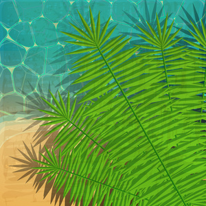 与大海 沙滩和棕榈树叶复古夏天图