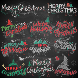 圣诞和冬季节日粉笔刻字设计设置排版风格问候黑色板背景
