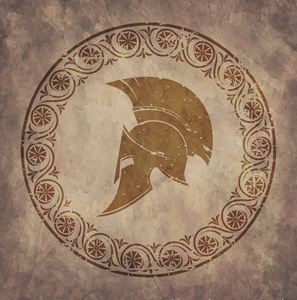 斯巴达头盔图标在 grunge 风格,旧纸上稿在仿古希腊风格照片