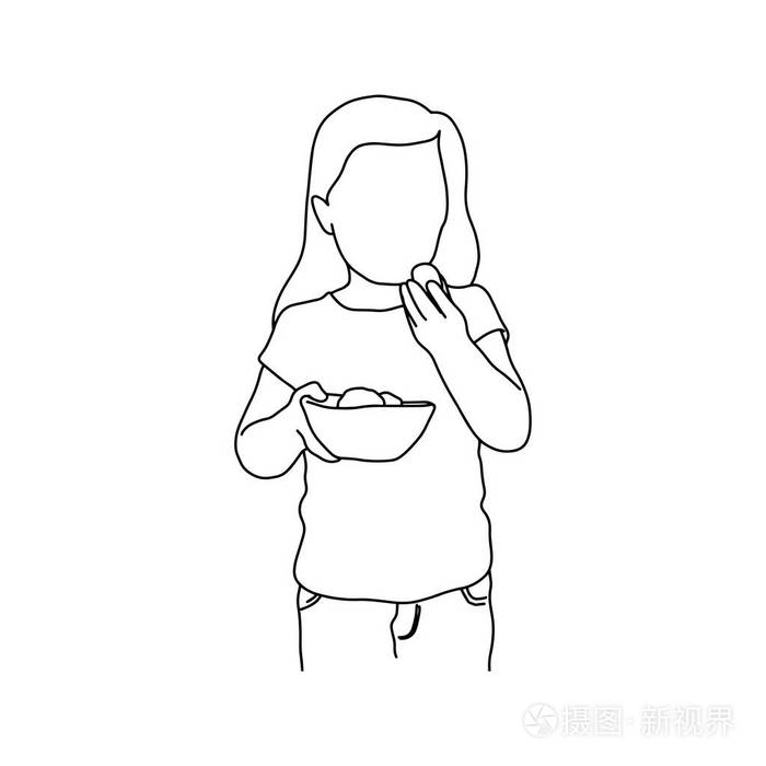 拿着食物在碗用右手矢量插图轮廓草图手绘黑色线在白色背景上隔离插画