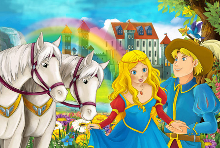 卡通场景与美丽的一对马与彩虹和宫殿的背景年轻夫妇的男孩和女孩正在观看和微笑的插图儿童